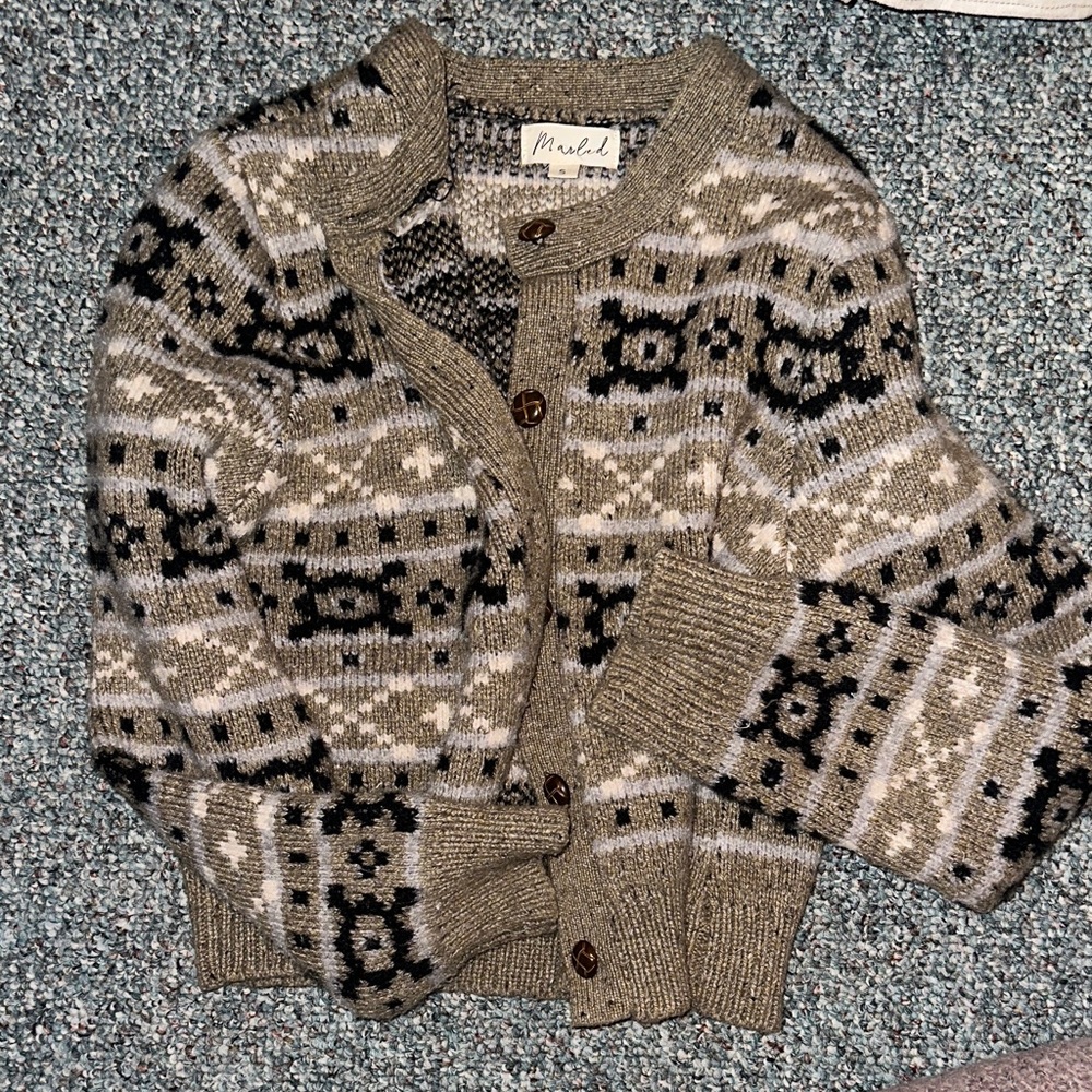 Marled Nordic Pattern Cardigan in Black, Gray, and Cream